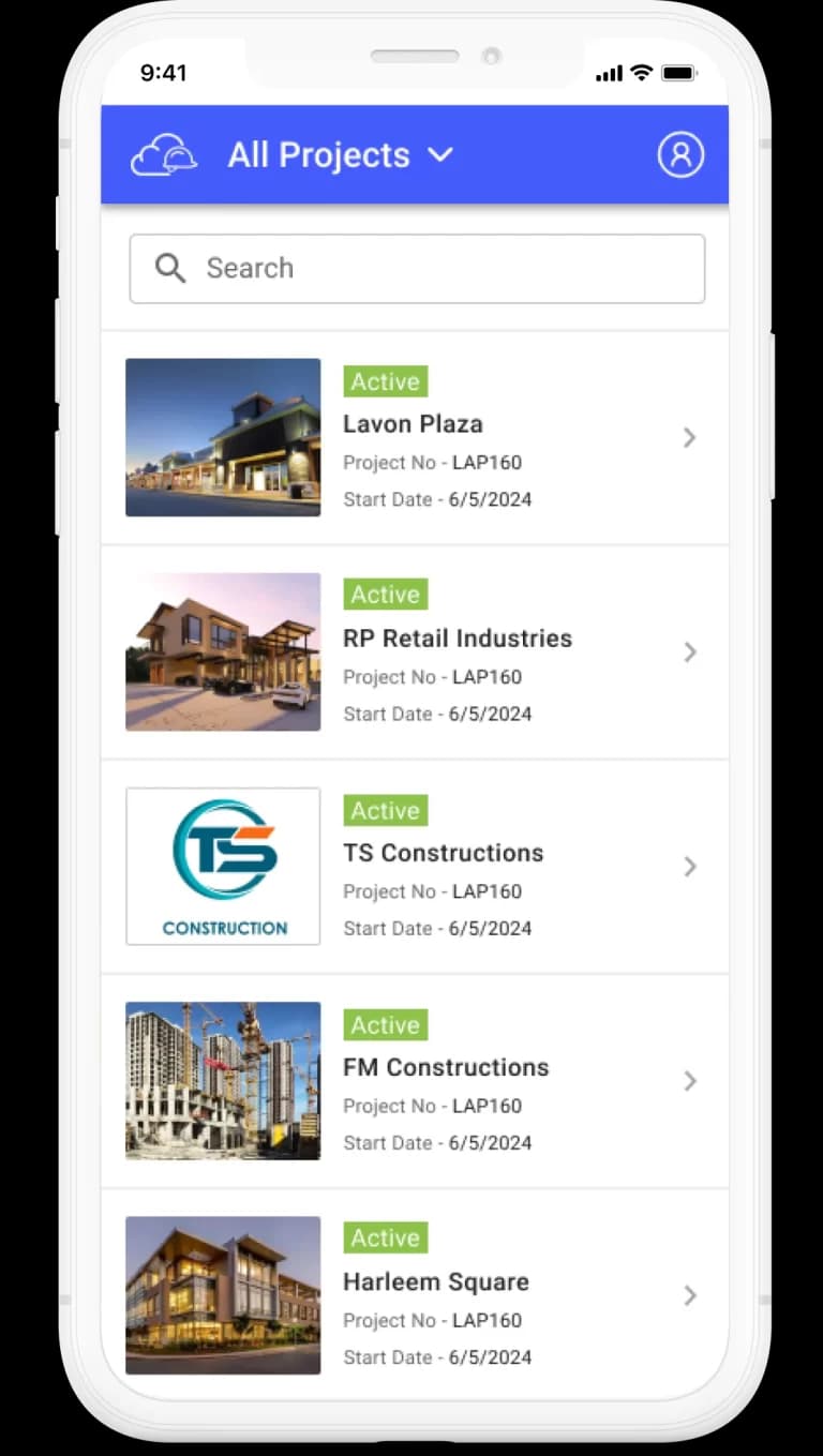 Pantalla de la aplicación móvil SuperConstruct
