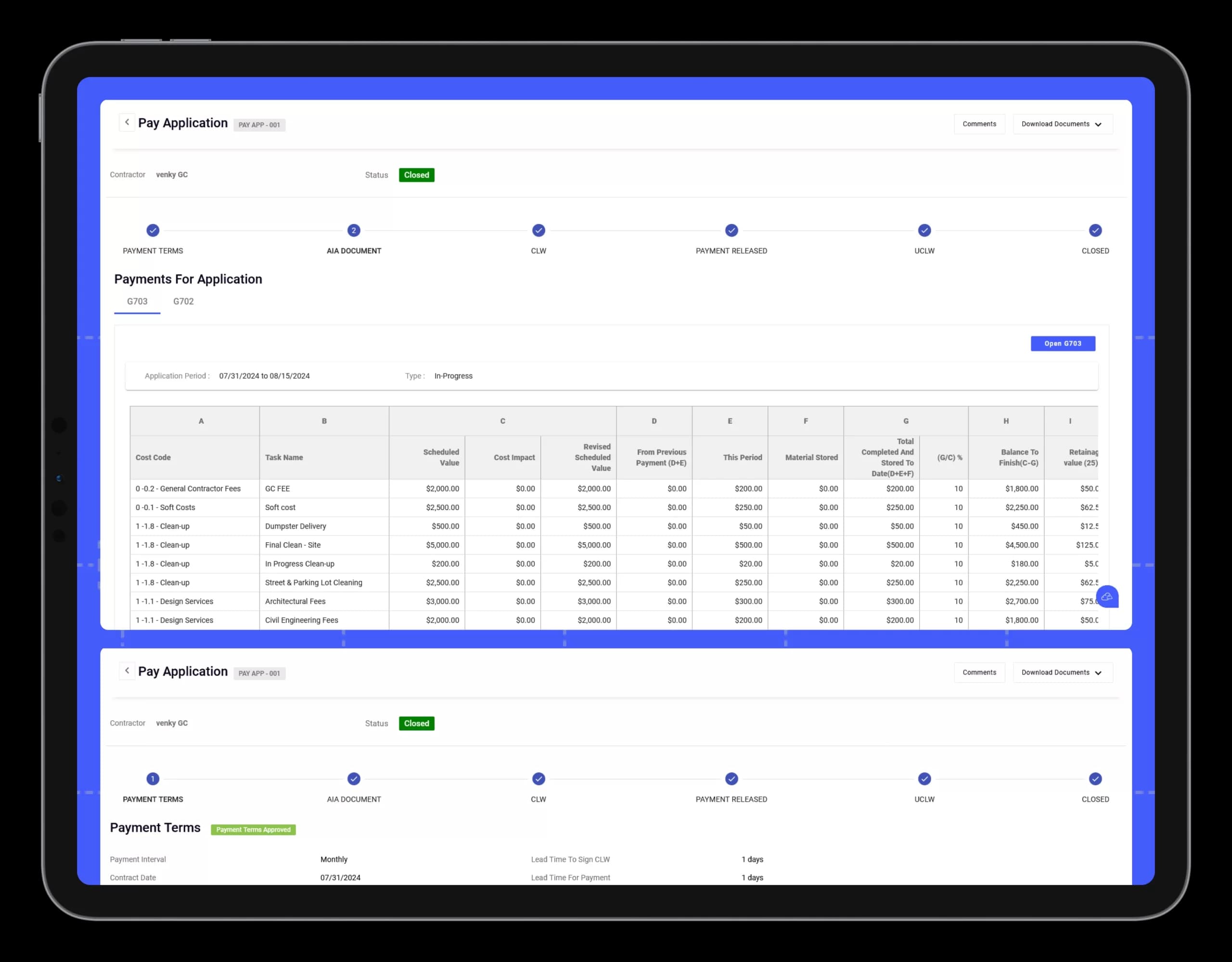 AIA Style Progress Invoicing screenshot
