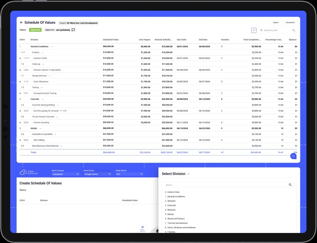 Schedule of Values screenshot