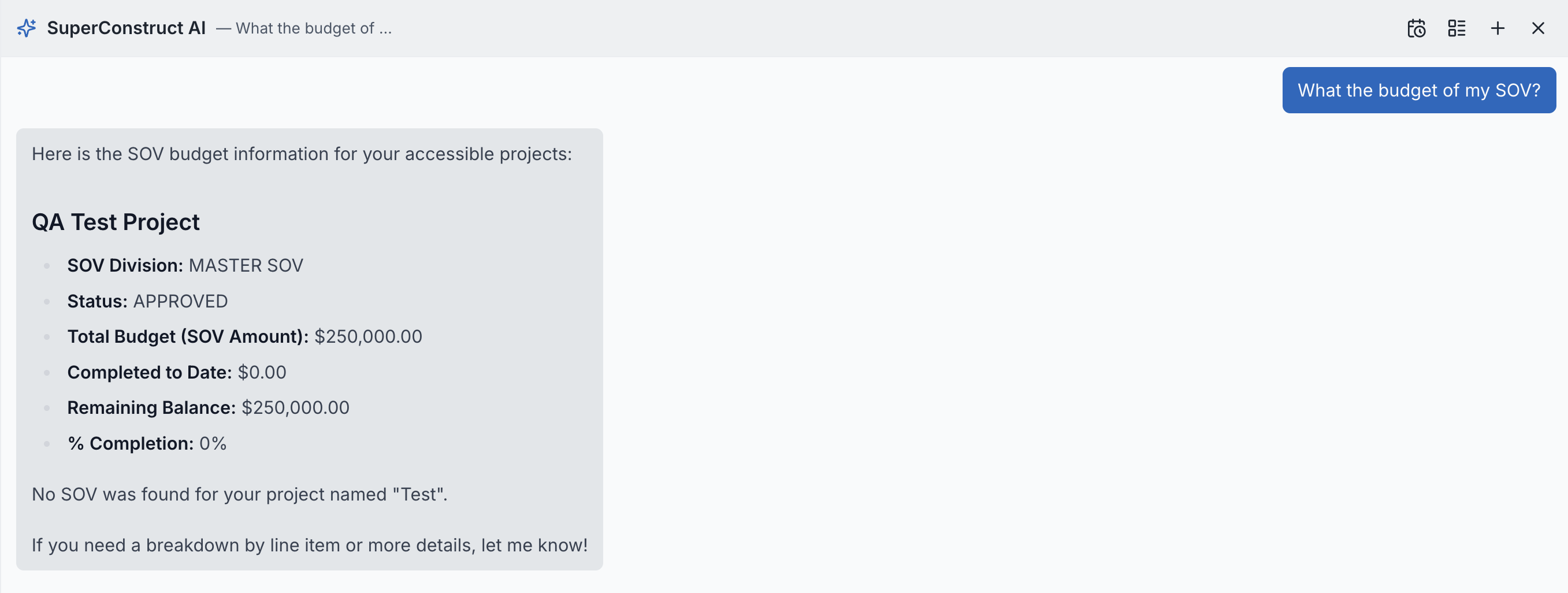 SuperConstruct AI Assistant answering a construction project budget question