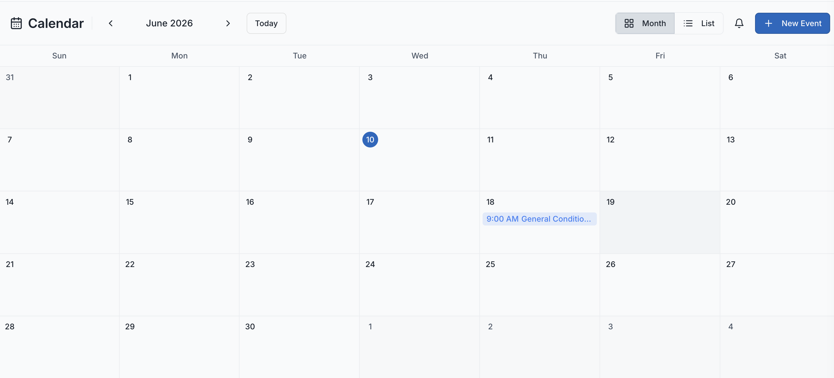 SuperConstruct Calendar showing monthly view with recurring construction events
