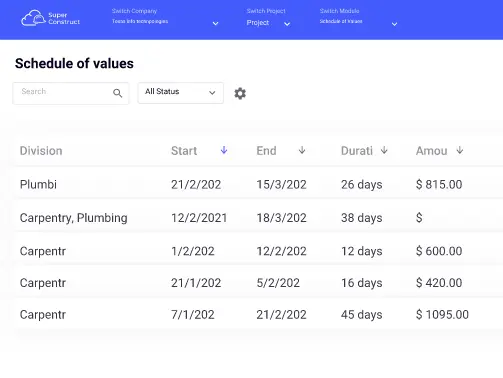 Schedule of Values Page